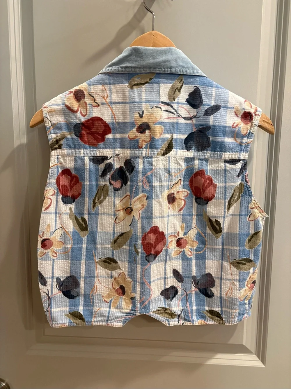 Vintage 90s Cropped Gingham Floral Patchwork Vest Retro Denim Women’s L - Picture 4 of 8